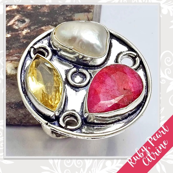 Ruby, Citrine, Pearl Silver Artisan Cluster Ring (Fuchsia Pink, Yellow, Ivory)